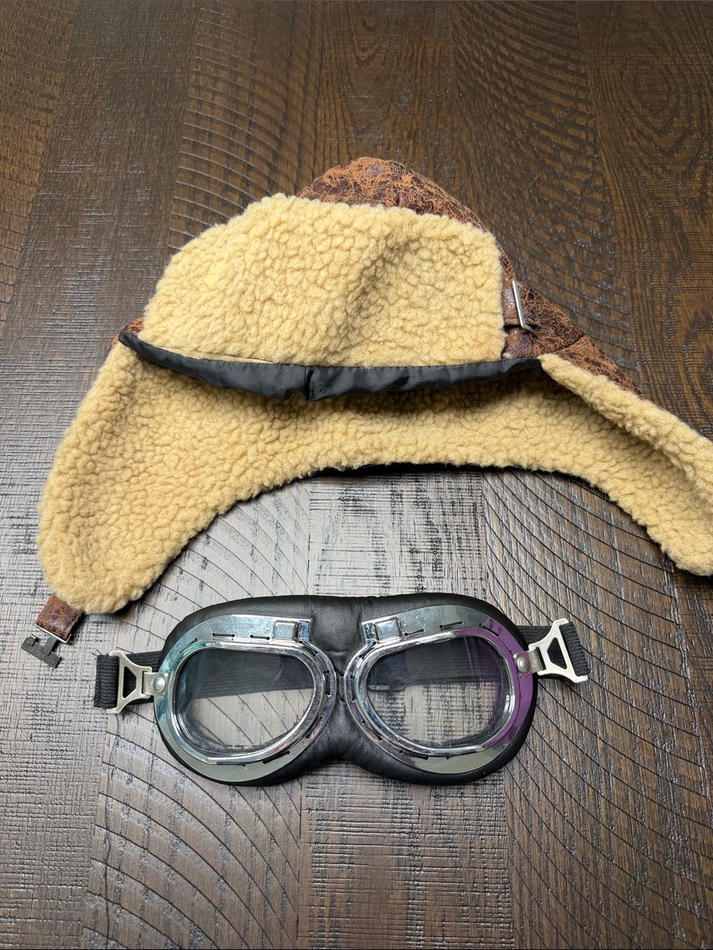 Kids Tan Sherpa Aviator Hat with Retro Pilot Goggles